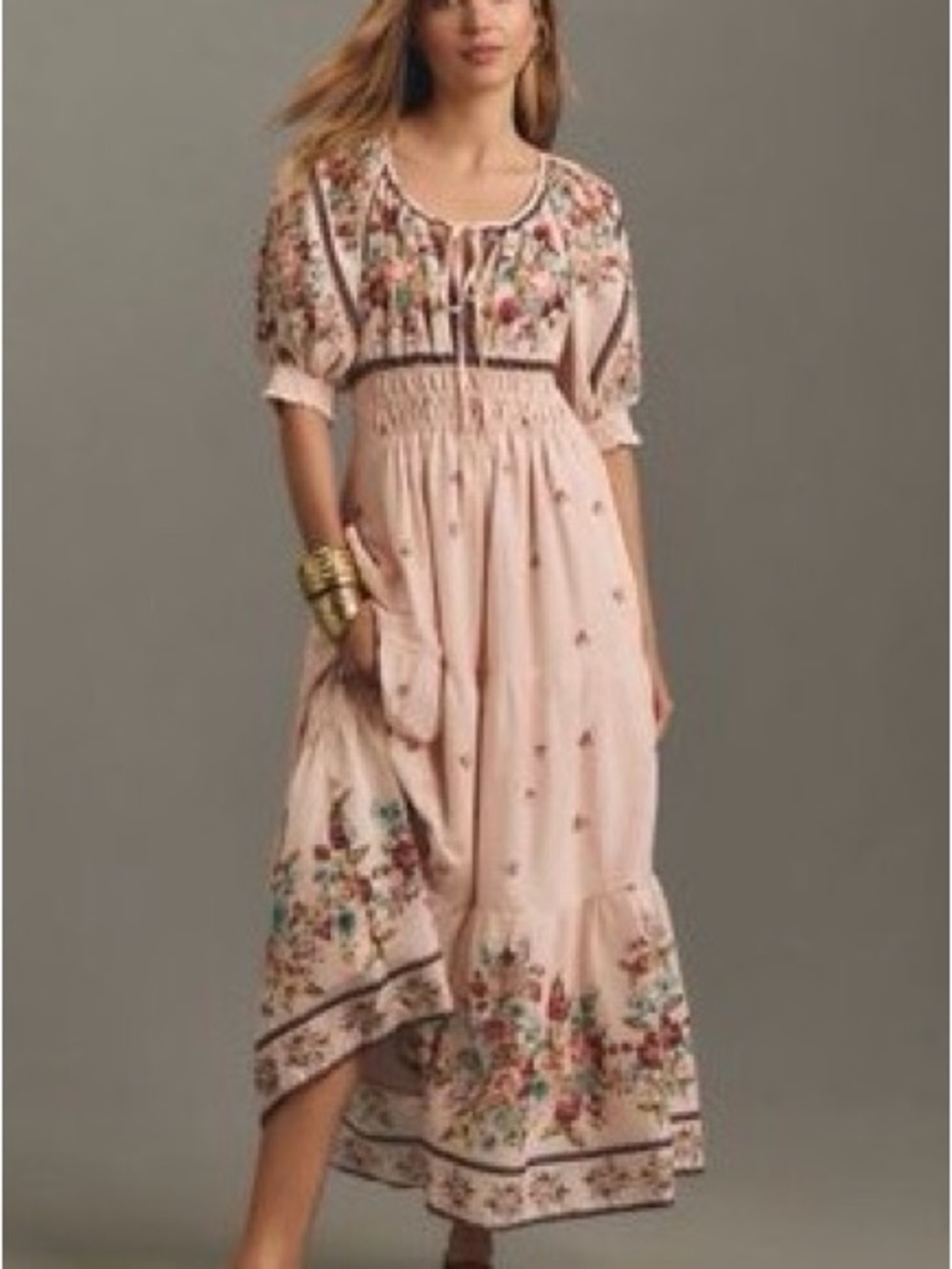Anthropologie Blush Pink Floral-Embroidered Maxi Dress Sz. M